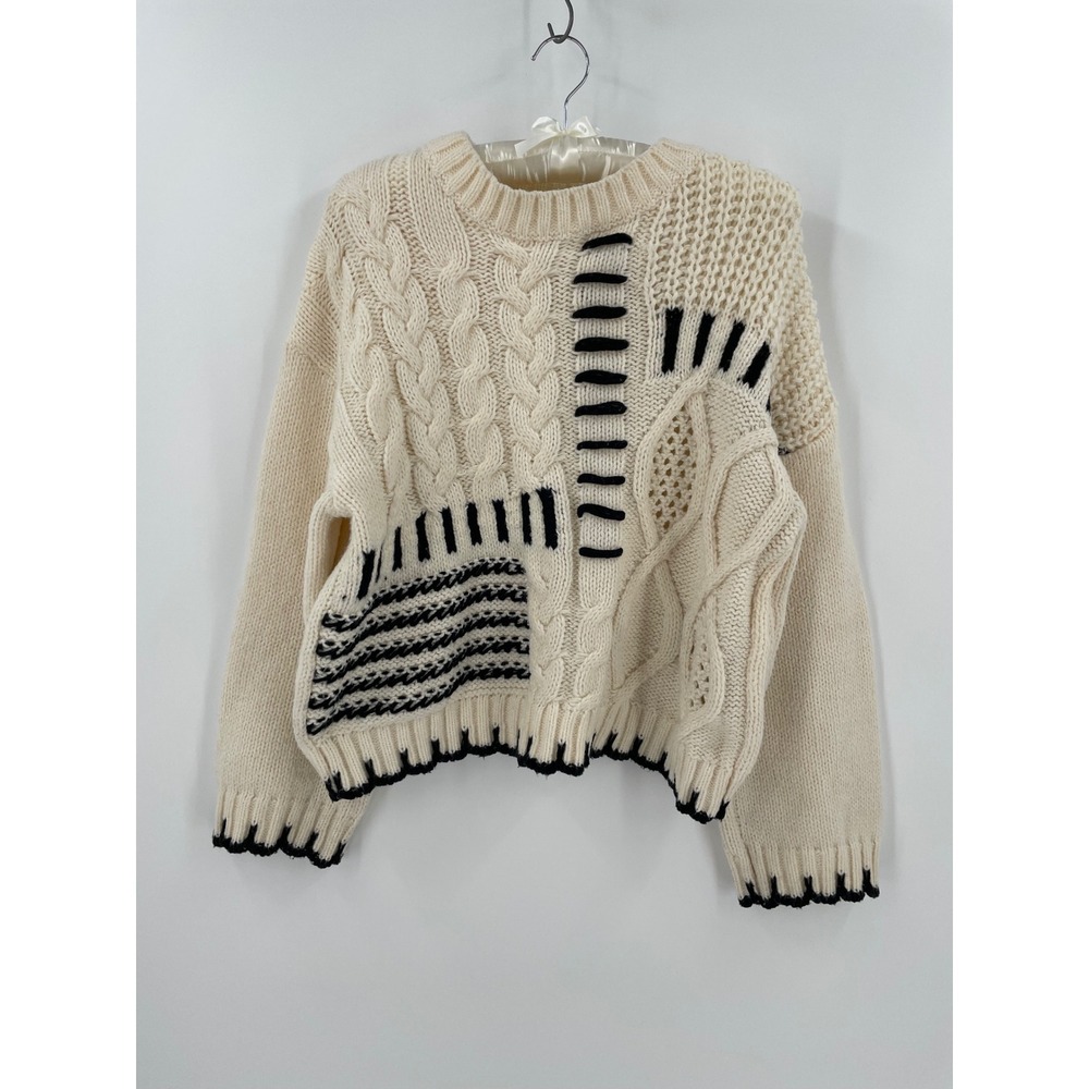 Grey Bandit Patchwork Cable Knit Sweater M Ivory Black Chunky Oversized